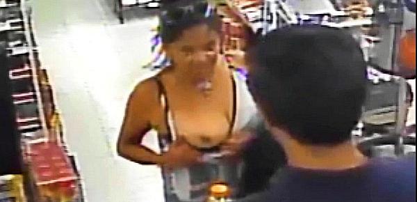  Hot Woman Flashes Boobs at Cashier Short on Cash